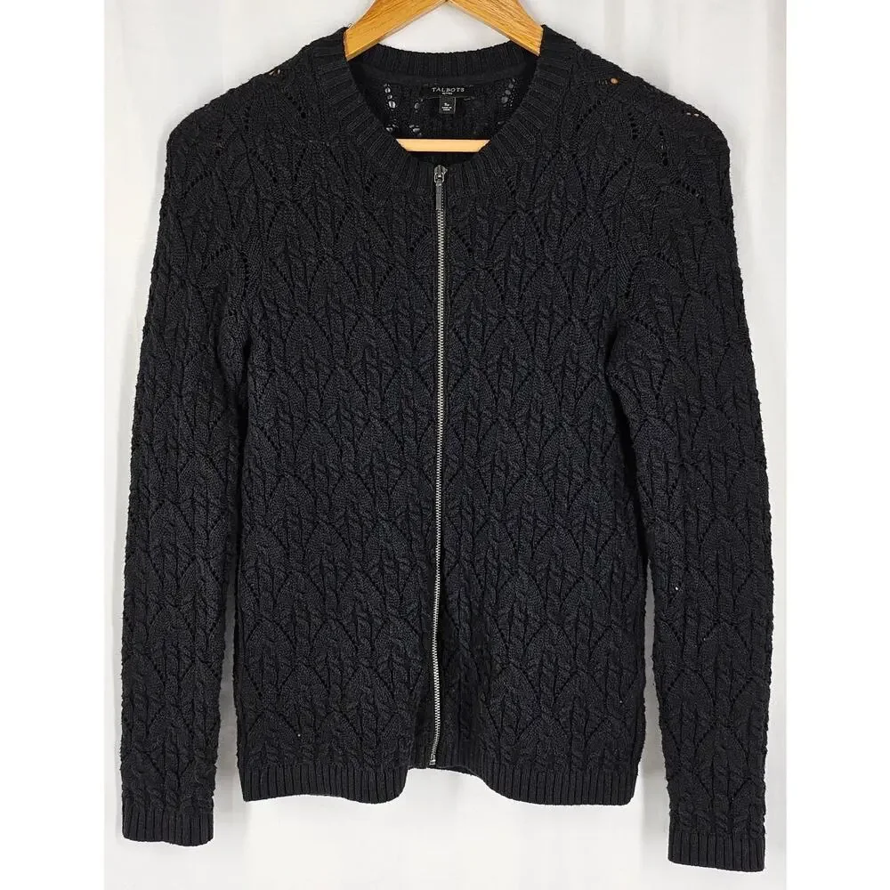 TALBOTS PETITES WOMEN'S KNIT BLACK ZIP UP SWEATER - SIZE SMALL PETITE